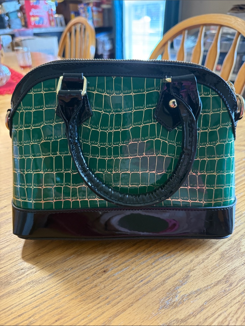 New Patent Croc-Embossed Dome Crossbody Satchel in Emerald Green and Black